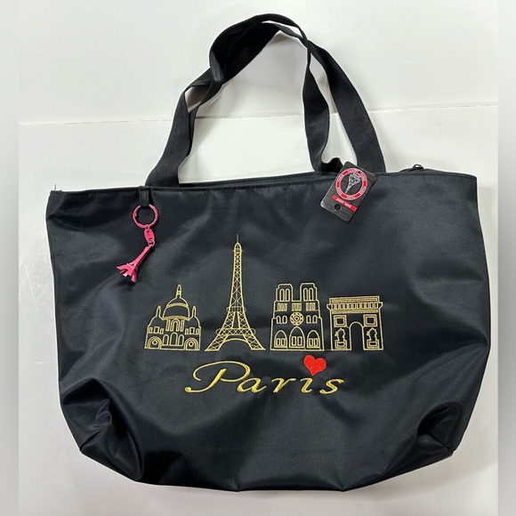 NWT Black Embroidered Paris Souvenir Shopping Tote + Eiffel Tower Keychain - Picture 1 of 9
